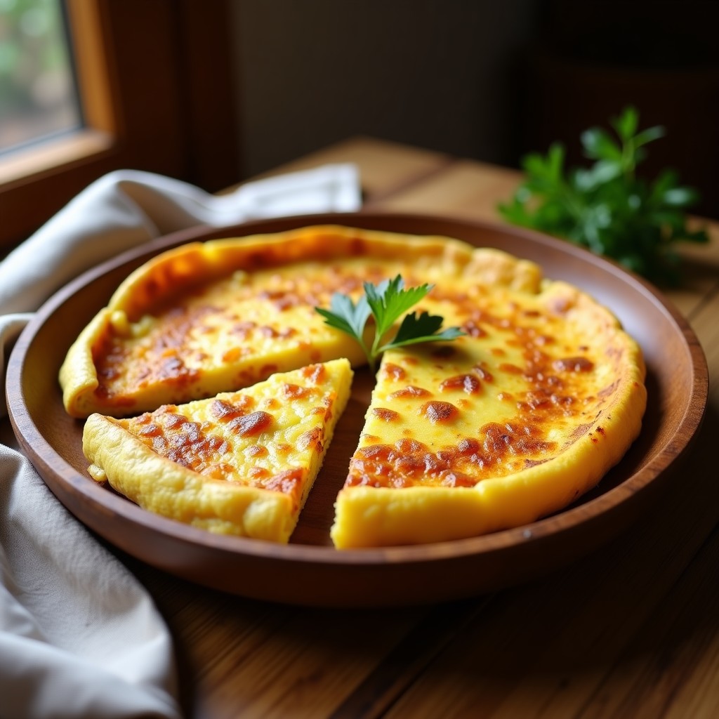 Tortilla española dorada y esponjosa hecha con coliflor y huevo, cortada en porciones sobre un plato de madera rústico. Receta baja en carbohidratos y keto.