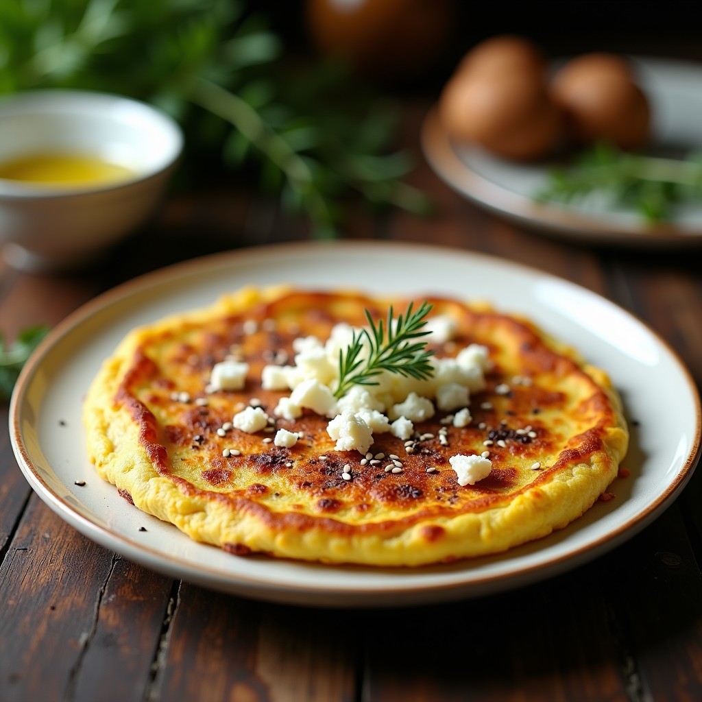 Tortilla española dorada y esponjosa de coliflor y zaatar en airfryer, con trozos visibles de cebolla morada y queso feta, servida en plato blanco rústico.