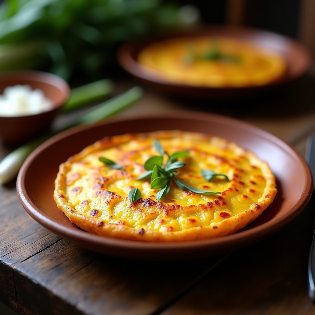 Tortilla de patata dorada con trozos visibles de cebollino caramelizado, servida en un plato de barro rústico con un fondo de madera oscura.