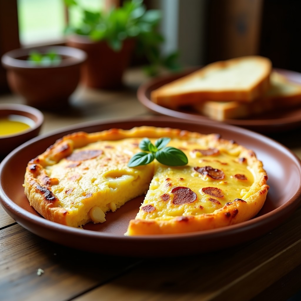 Tortilla española cremosa con huevo campero servida en plato de barro, dorada por fuera y jugosa por dentro, acompañada de pan tostado.