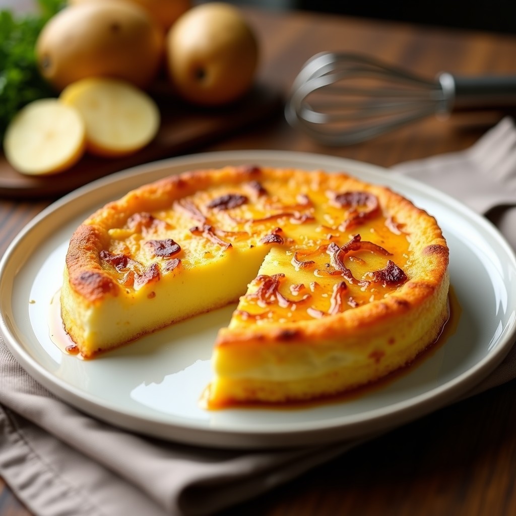 Tortilla de patatas cremosa española recién hecha, dorada por fuera y jugosa por dentro, servida en un plato blanco rústico con un trozo cortado para mostrar su textura sedosa.