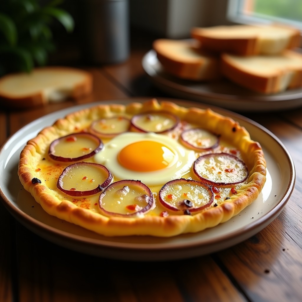 Tortilla española dorada y crujiente en molde redondo, con exterior tostado y yema líquida visible al cortar, preparada en airfryer, acompañada de pan tostado.