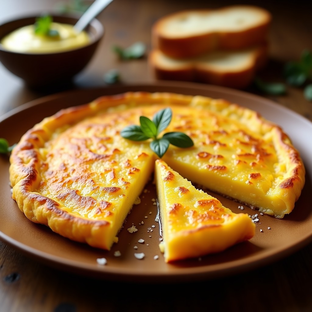 Tortilla española crujiente por fuera con exterior dorado y centro jugoso, cortada en porciones sobre plato de madera rústico.