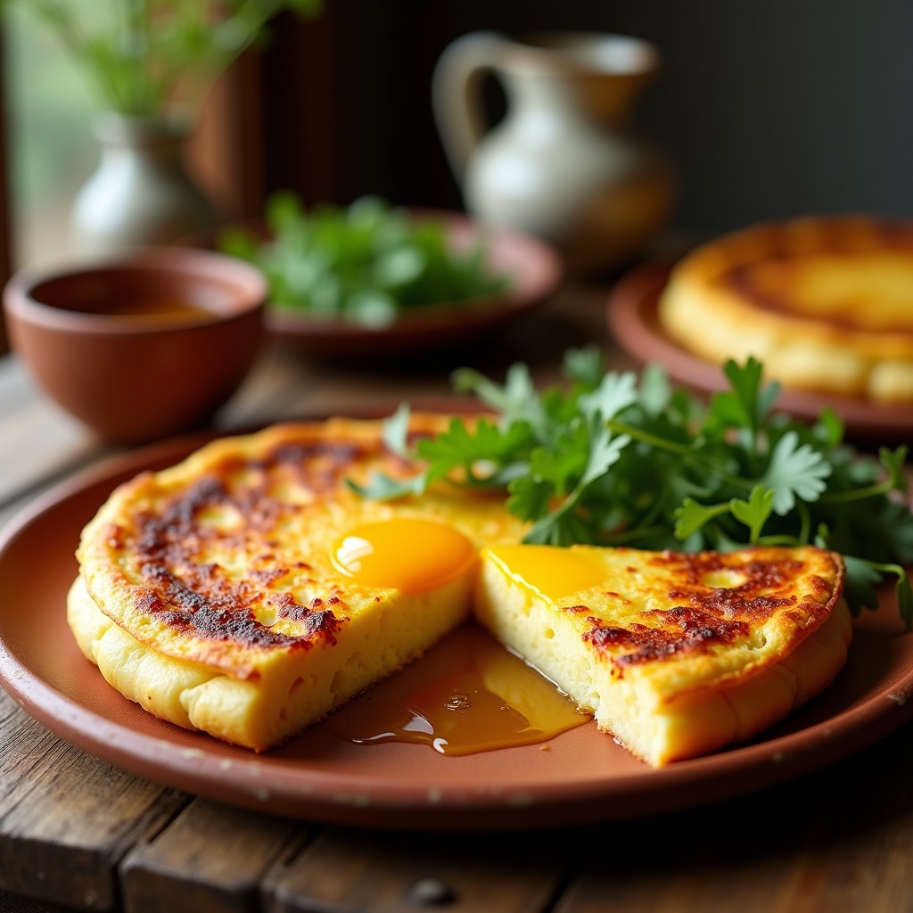 Tortilla de patatas dorada y crujiente por fuera con un interior cremoso, cortada en porciones sobre un plato de barro rústico, acompañada de una ensalada verde.