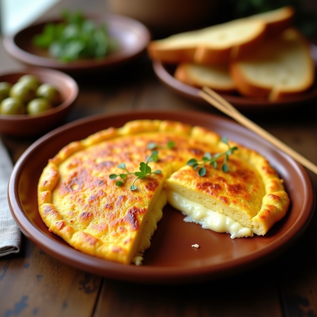 Tortilla de patatas dorada y crujiente por fuera, con el centro ligeramente jugoso, servida en un plato de barro rústico con un tenedor de madera. Fondo desenfocado con aceitunas y pan tostado.