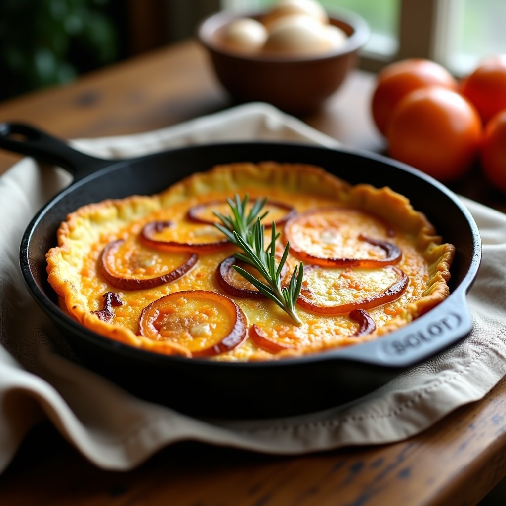 Tortilla española dorada de batata y cebolla caramelizada en sartén de hierro, con bordes crujientes y centro jugoso, acompañada de ramitas de romero fresco.
