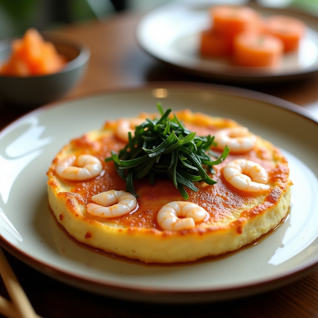 Tortilla dorada con trozos de langostinos ebi y tiras de algas nori tostadas, servida en plato blanco con fondo de madera rústica, receta fusion alta en proteína.