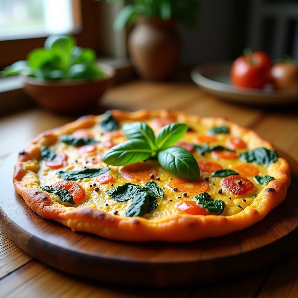 Tortilla española dorada en molde redondo, con trozos de batata naranja y espinacas verdes, cocinada en airfryer, servida sobre tabla de madera rústica.