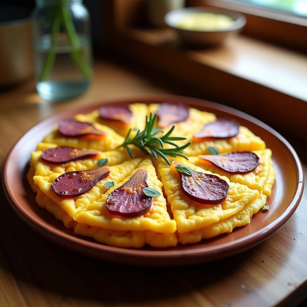 Tortilla española esponjosa de batata morada cortada en porciones, con un interior cremoso y un dorado perfecto en el exterior, servida en un plato de barro rústico.