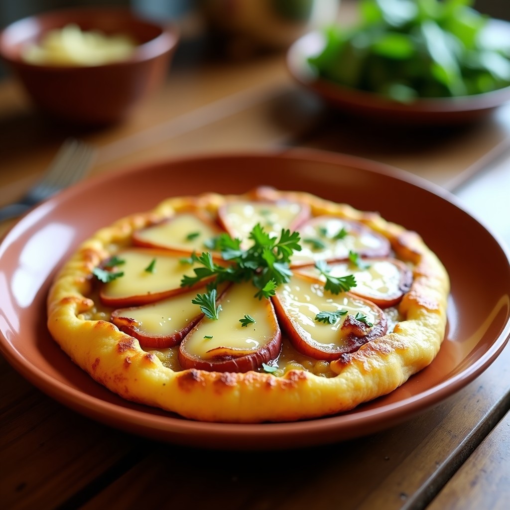 Tortilla española dorada con trozos de patata y cebolla, fundida con queso kveri georgiano, servida en plato de barro rústico con perejil fresco espolvoreado.