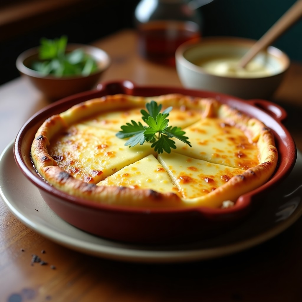 Tortilla española dorada y esponjosa en fuente de horno, gratinada con queso fundido y dorado, servida en porciones con rodajas de cebolla visible en su interior.