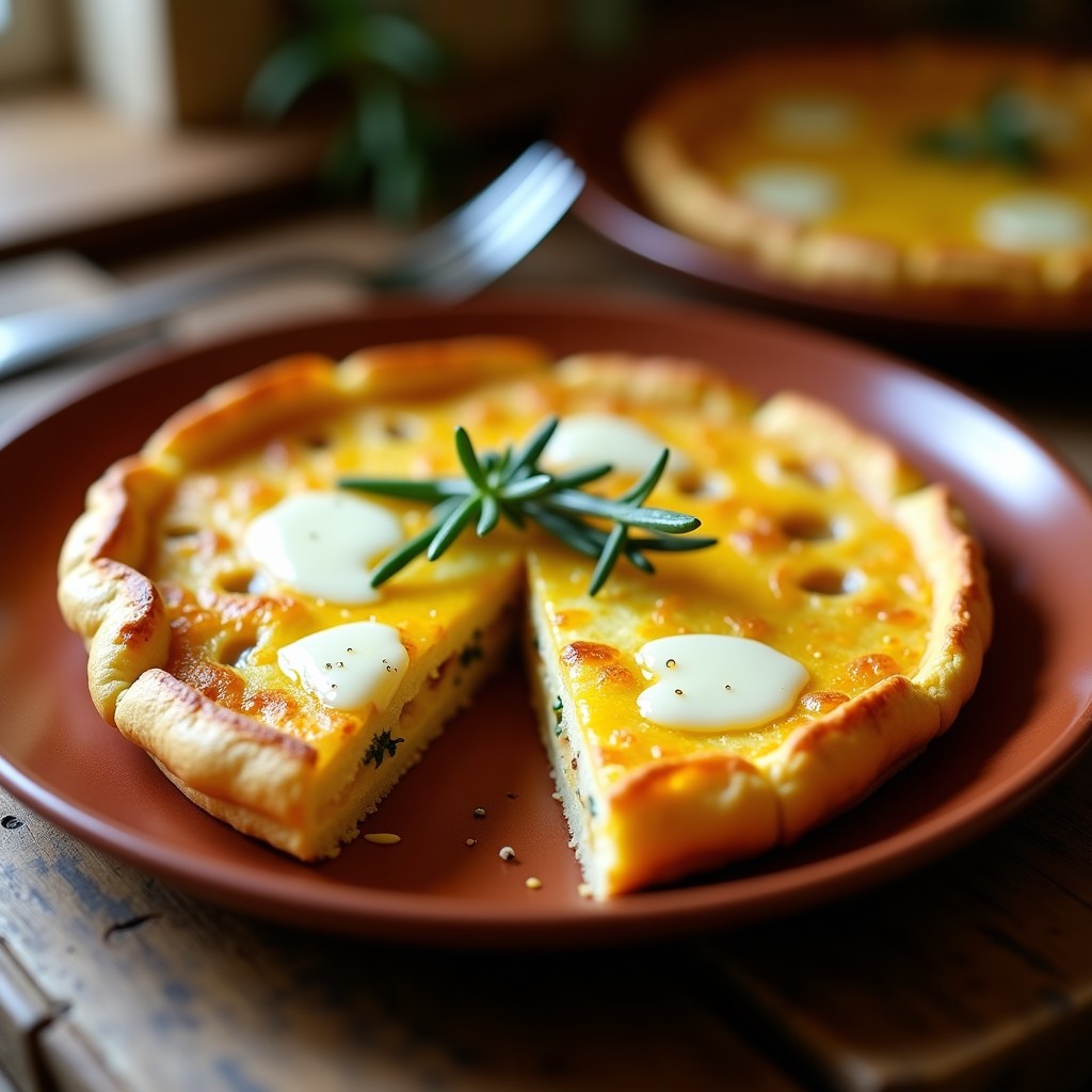 Tortilla española gratinada con queso de cabra fundido, dorada por encima, servida en plato de barro rústico con romero fresco y aceite de oliva.