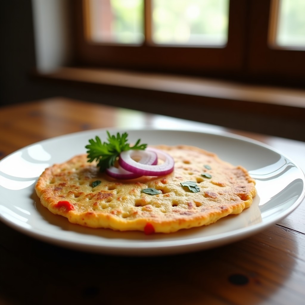 Tortilla española dorada y esponjosa hecha con lentejas, servida en plato blanco con perejil fresco y rodajas de cebolla morada cruda.