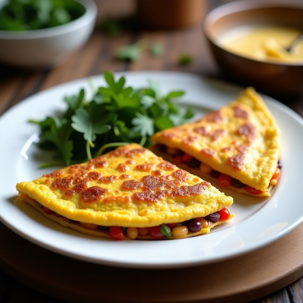 Tortilla española dorada y esponjosa de lentejas rojas cortada en porciones, con un toque crujiente por fuera y servida en plato de cerámica blanca, receta airfryer.
