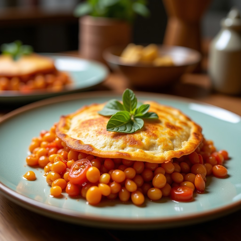 Tortilla española dorada y esponjosa con lentejas rojas y trozos de pimiento rojo asado, servida en plato blanco rústico sobre fondo de madera. Receta express alta en proteína.