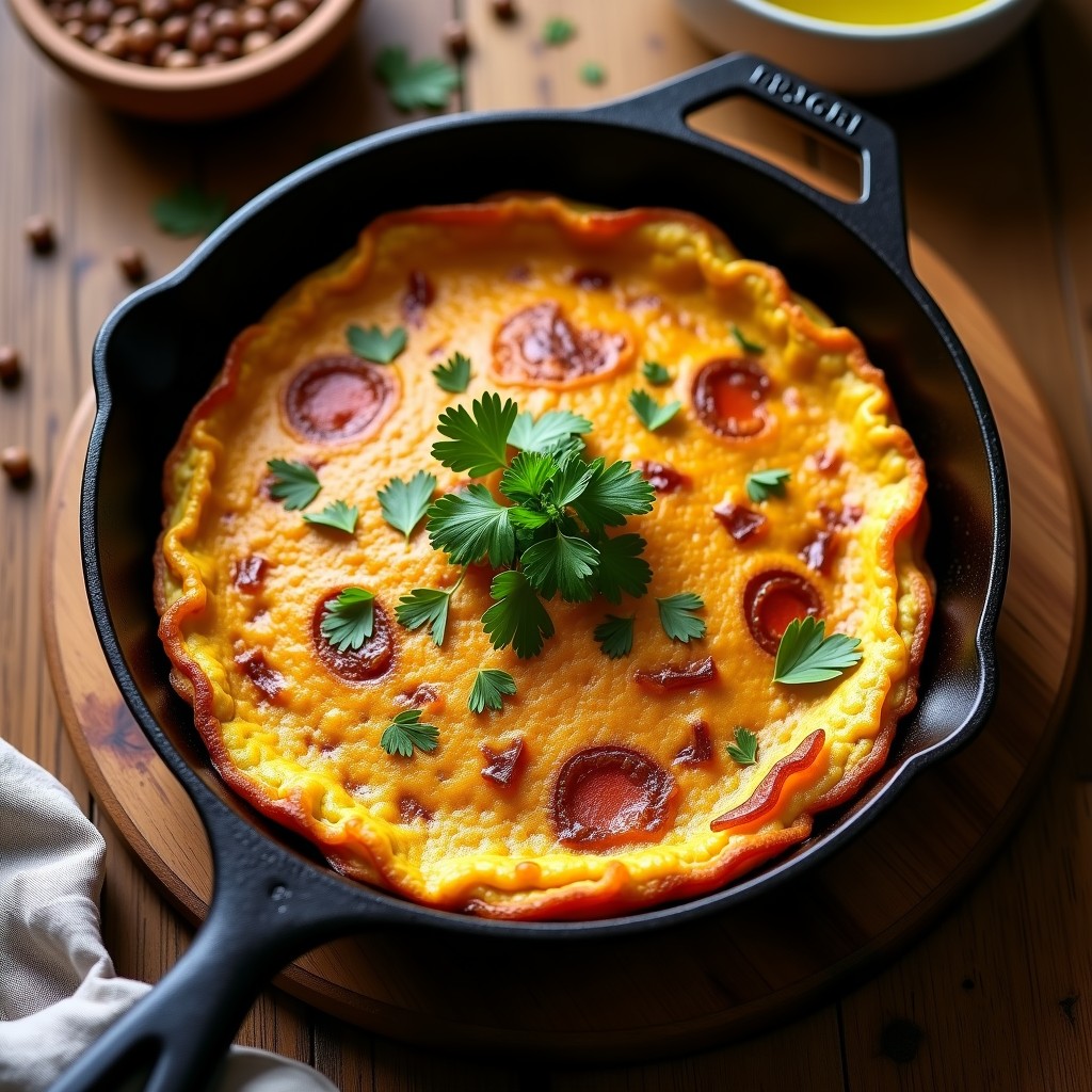 Tortilla española vegana de lentejas dorada en sartén de hierro, con cebolla y pimiento asomando, servida con perejil fresco y cortada en porciones.