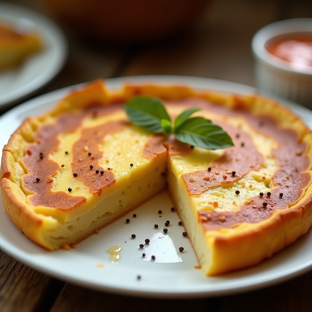 Tortilla española light dorada y esponjosa, cortada en porciones, con trozos de patata y cebolla visibles en su interior, servida en plato blanco sobre fondo rústico.