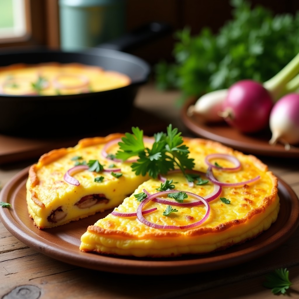 Tortilla española dorada con rodajas de nabos crujientes y cebolla morada, espolvoreada con perejil fresco sobre un plato de madera rústica.