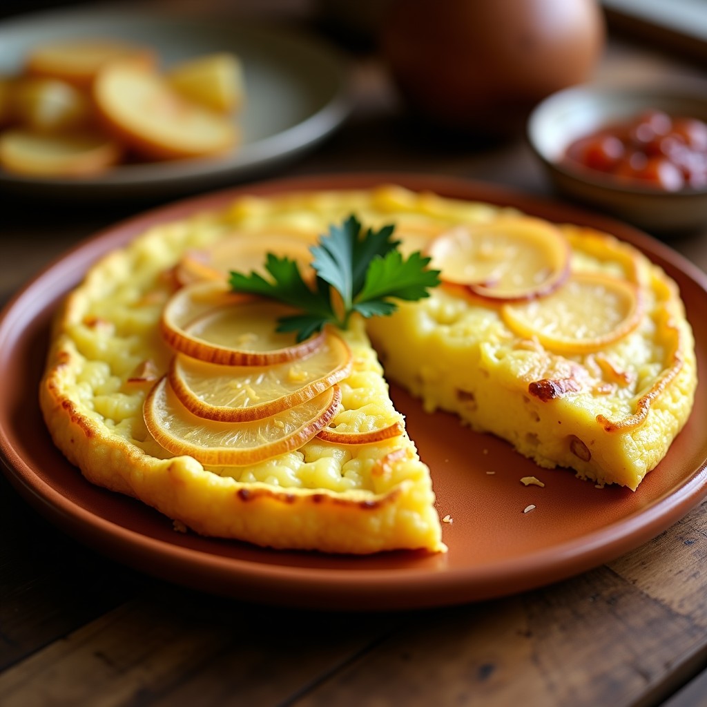 Tortilla española dorada y jugosa cortada en porciones, con patatas y cebolla visibles, preparada en olla express, sobre plato de barro rústico.