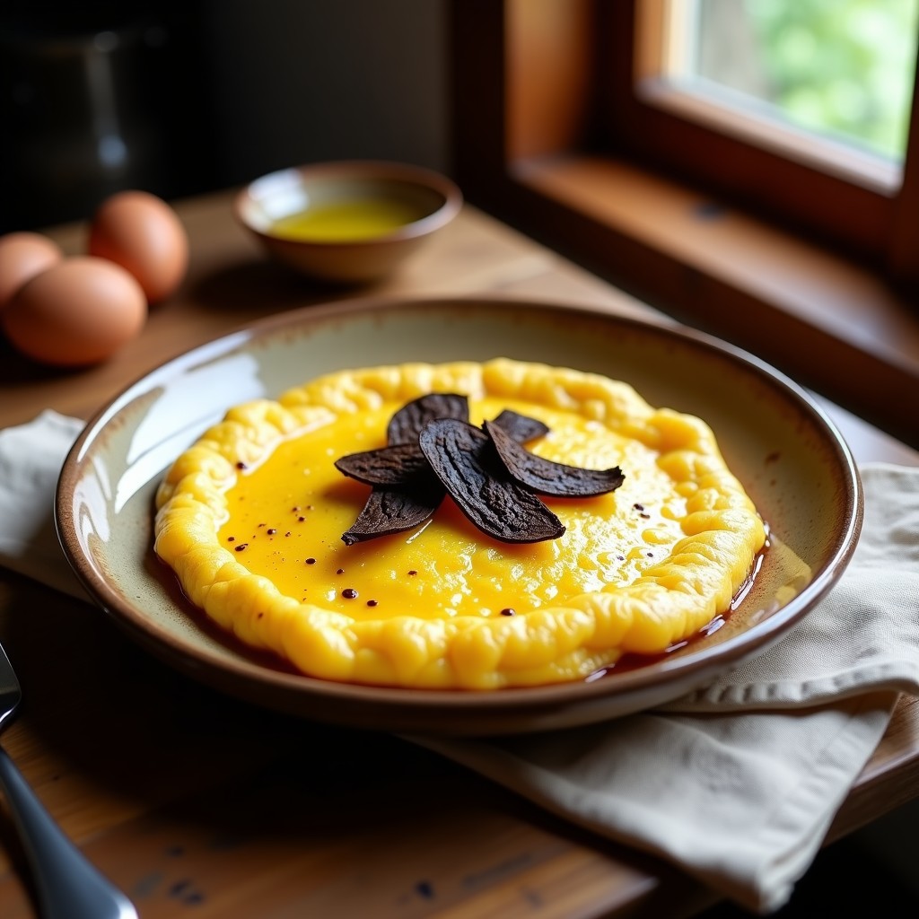 Tortilla española dorada y cremosa en plato de barro, con láminas de trufa negra y aceite de trufa, receta olla lenta tradicional con toque gourmet.