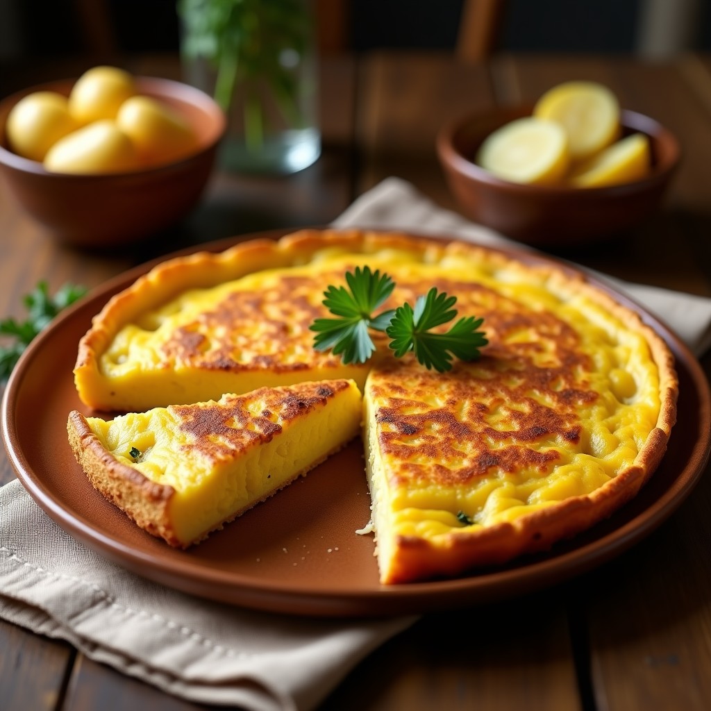 Tortilla de patata española en 2 capas perfectamente cuajada, dorada por fuera y jugosa por dentro, cocinada en ollas superpuestas, servida en plato de barro con fondo rústico.