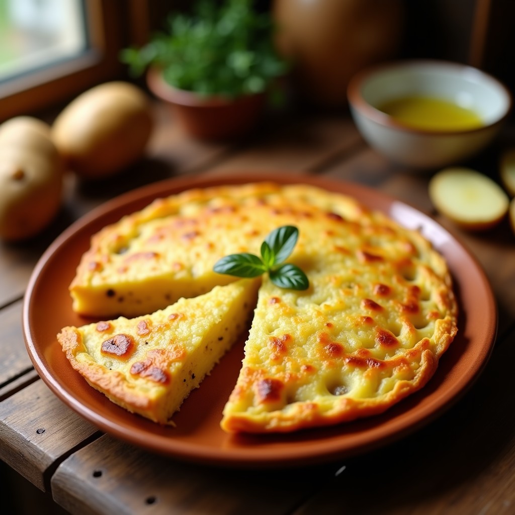 Tortilla de patatas tradicional con olla superpuesta, cortada en porciones, mostrando su interior jugoso y dorado en capas, servida en plato de barro rústico con fondo de cocina campestre.
