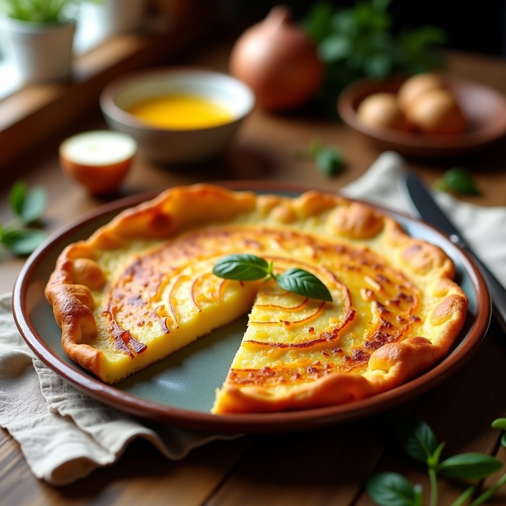 Tortilla española dorada y crujiente por fuera con centro meloso, servida en plato de barro con rodajas de patata visibles, receta olla superpuesta tradicional.