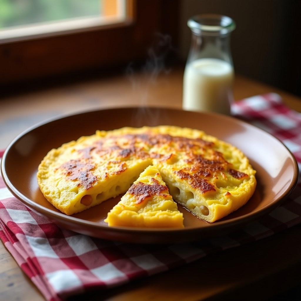 Tortilla española dorada y jugosa cortada en porciones, con capas visibles de patata y cebolla, servida en plato de barro rústico, receta tradicional con técnica de olla superpuesta.