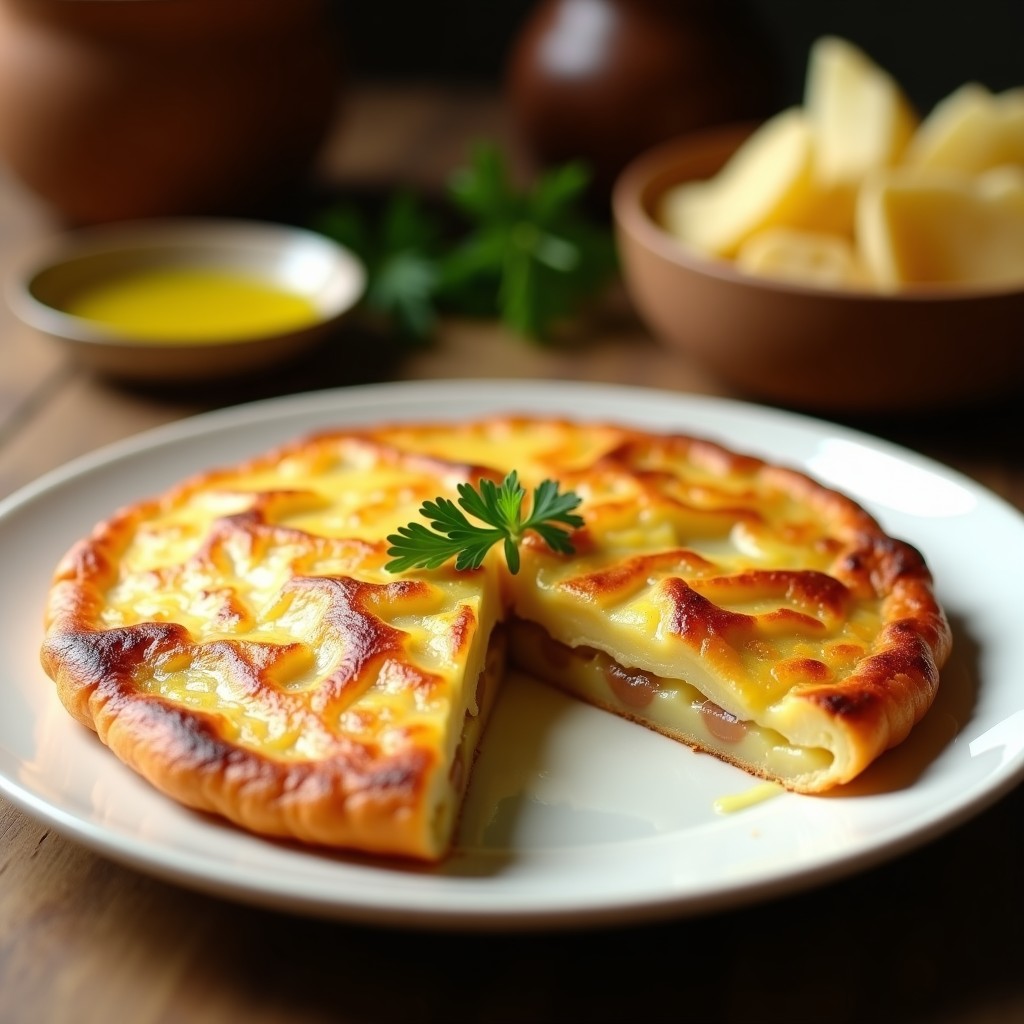 Tortilla española dorada en dos capas perfectas, cocinada en ollas superpuestas, con textura cremosa en el interior y base crujiente, servida en plato rústico.