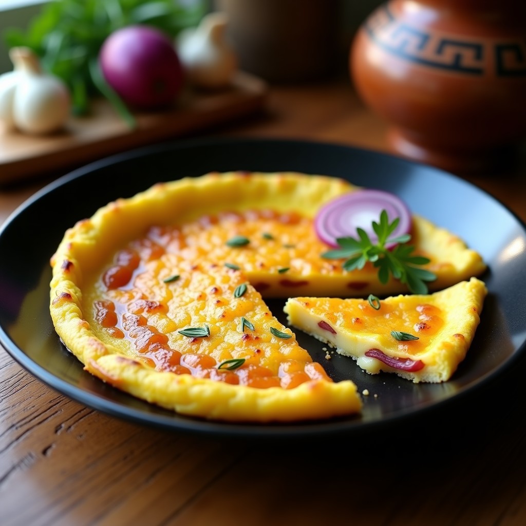 Tortilla española onggi fermentada en plato de cerámica negra, con textura dorada y jugosa, servida con rodajas de cebolla morada fermentada y hierbas frescas. Receta coreana-española con probióticos naturales.