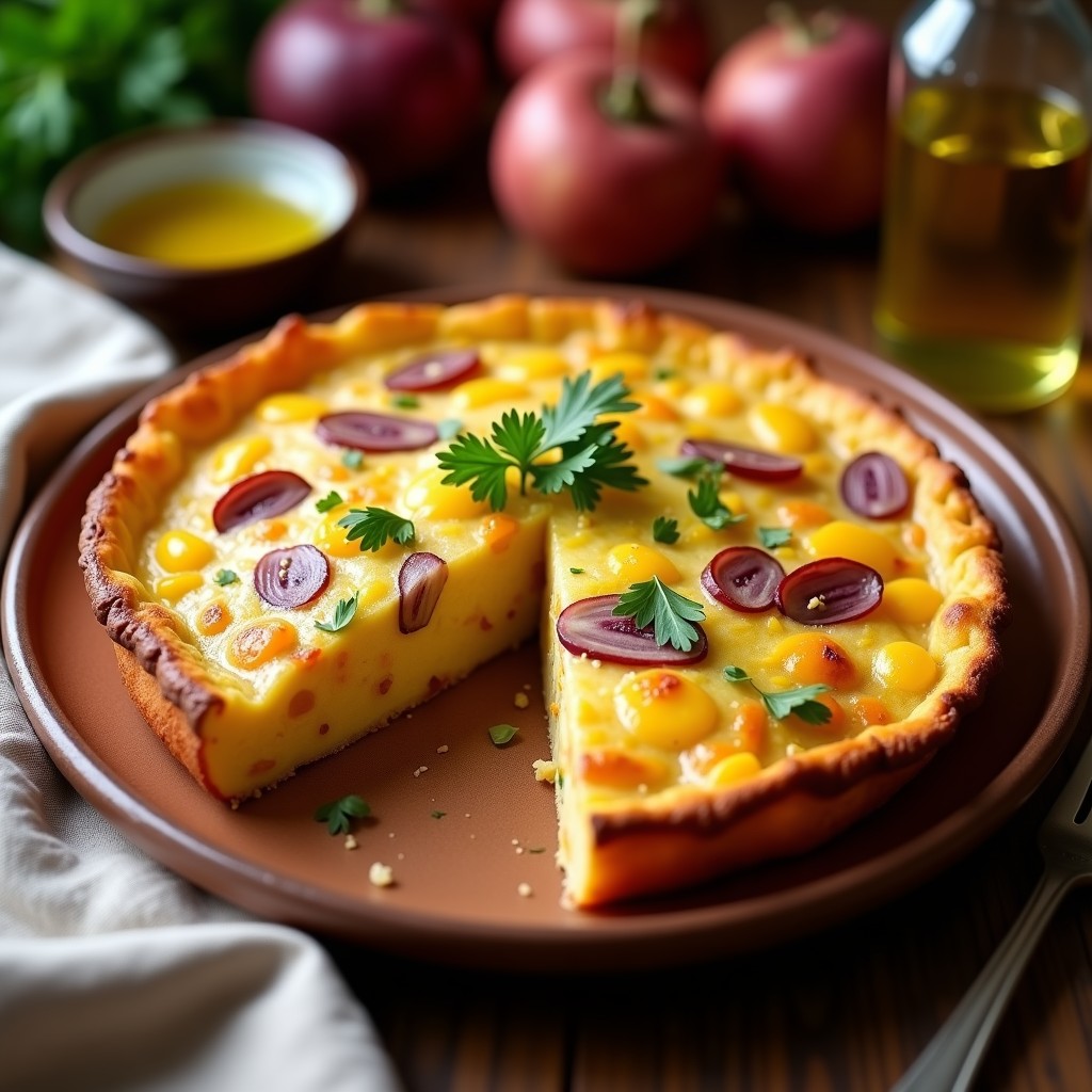 Tortilla española dorada y jugosa cortada en porciones, con trozos visibles de patata, batata y cebolla morada, servida en plato de barro rústico. Receta express de tortilla española de patata y batata.