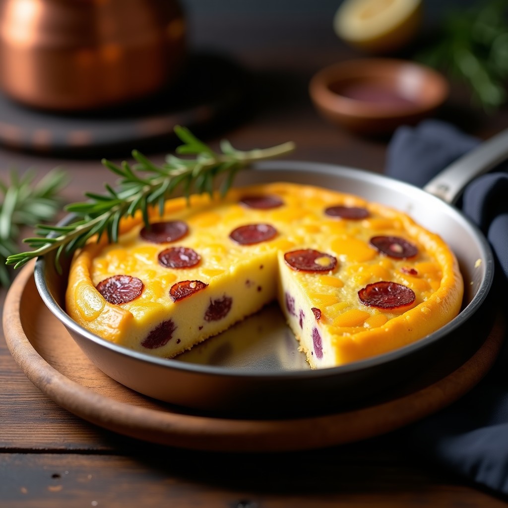 Tortilla española dorada y esponjosa en molde de horno, con trozos visibles de patata, batata y cebolla morada, servida en plato de madera rústico.