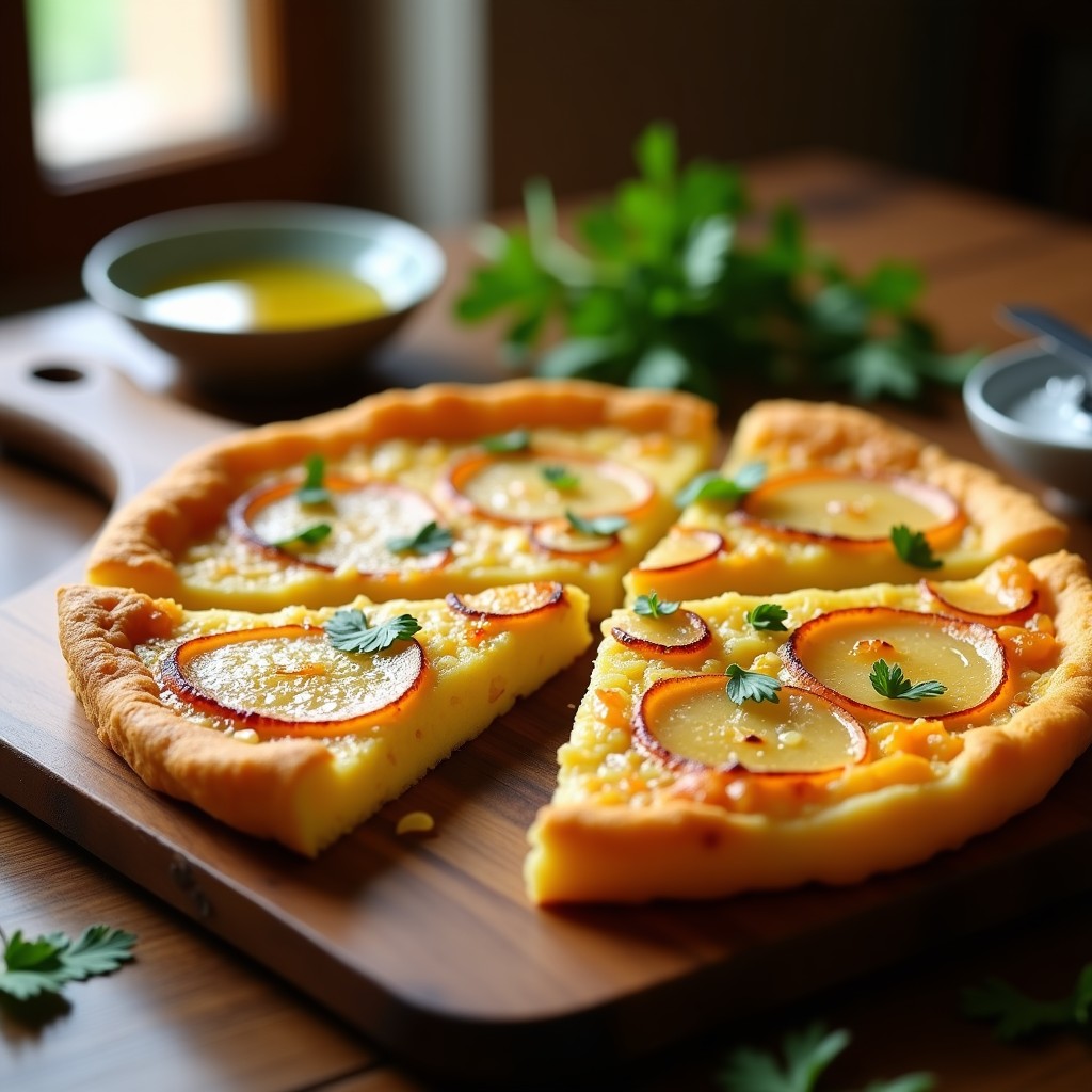 Tortilla española dorada y esponjosa en molde de air fryer, con capas visibles de patata y cebolla, cortada en porciones triangulares sobre tabla de madera rústica.