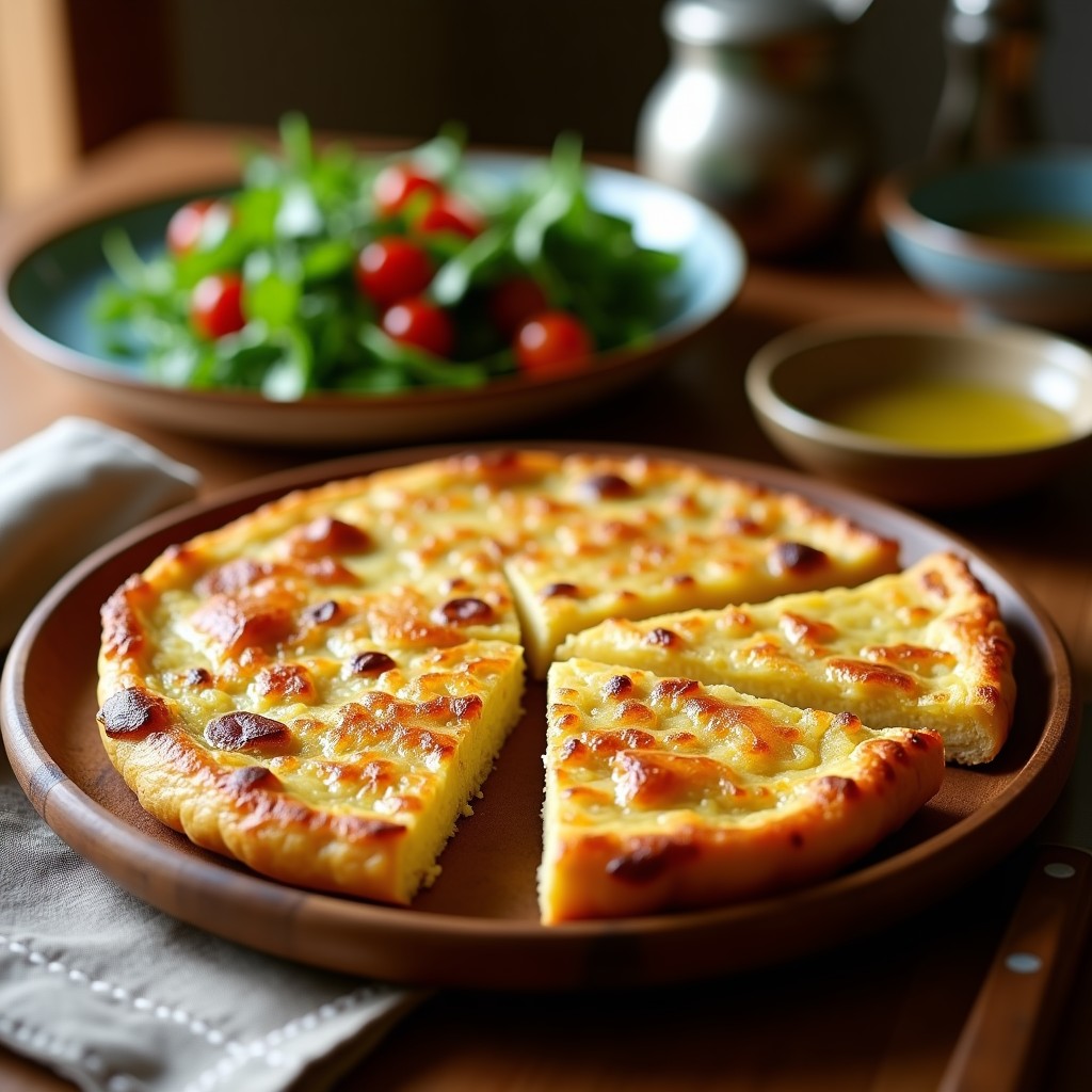 Tortilla española dorada con trozos de cebolla fermentada visible, cortada en porciones sobre un plato de madera rústico, acompañada de una ensalada verde.