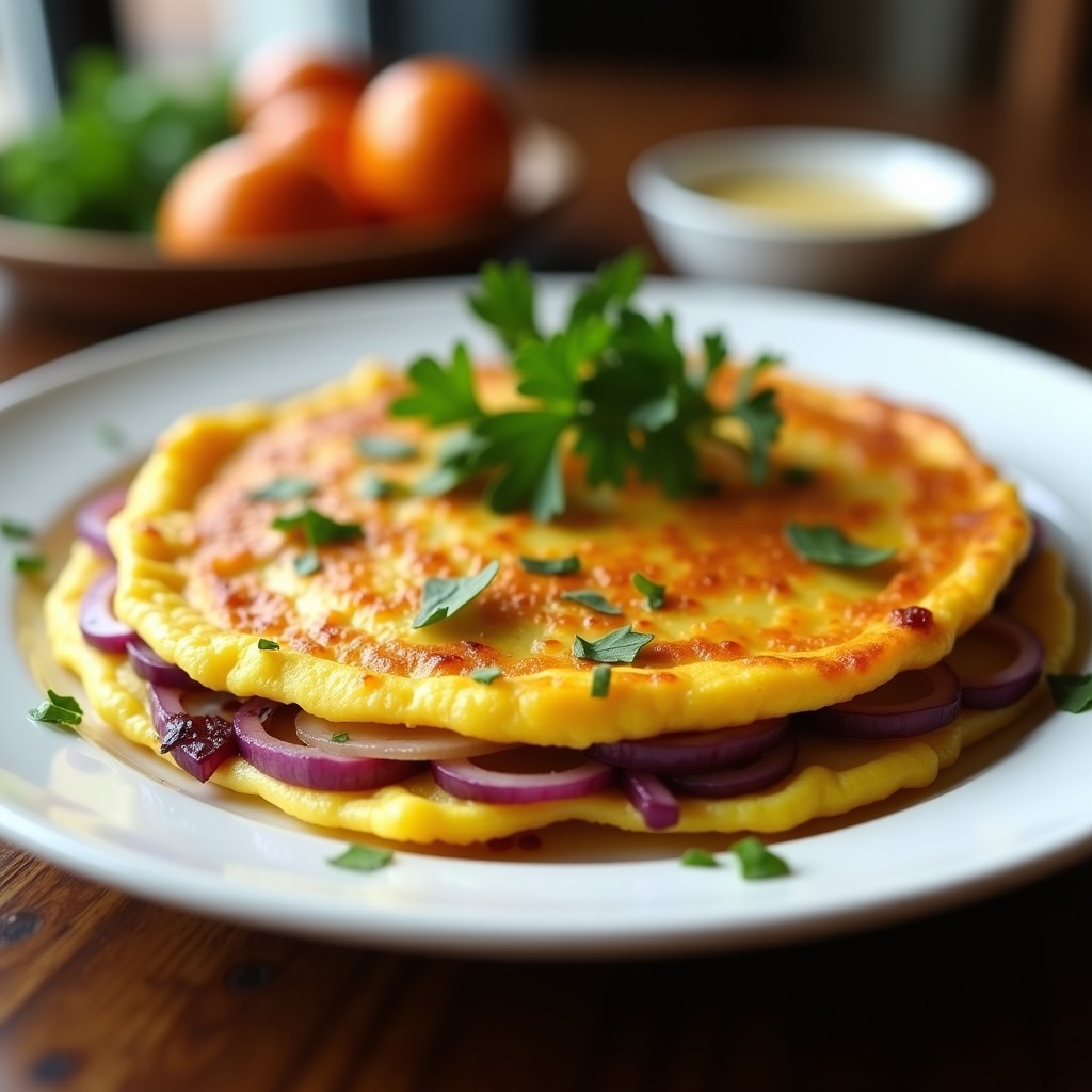 Tortilla española dorada con trozos visibles de cebolla morada y patata, cocinada en airfryer, servida en plato blanco con hierbas frescas.