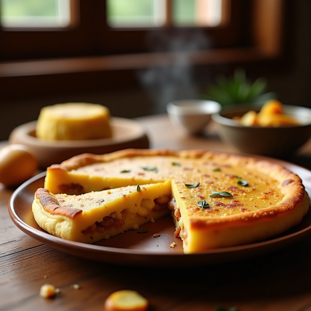 Tortilla española dorada y jugosa cortada en porciones sobre un plato de barro, con patatas y cebolla caramelizada en su interior, receta tradicional.