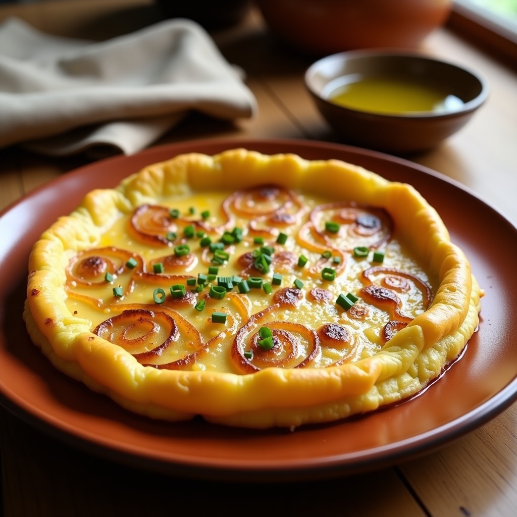Tortilla de patata y cebolla dorada y jugosa sobre plato de barro rústico, con rodajas de cebolla caramelizada visibles en el interior, receta tradicional española crujiente.