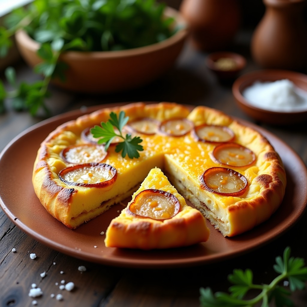 Tortilla española dorada y jugosa con láminas de patata y cebolla, cortada en porciones sobre un plato de barro rústico, receta tradicional con trueque de abuelos.