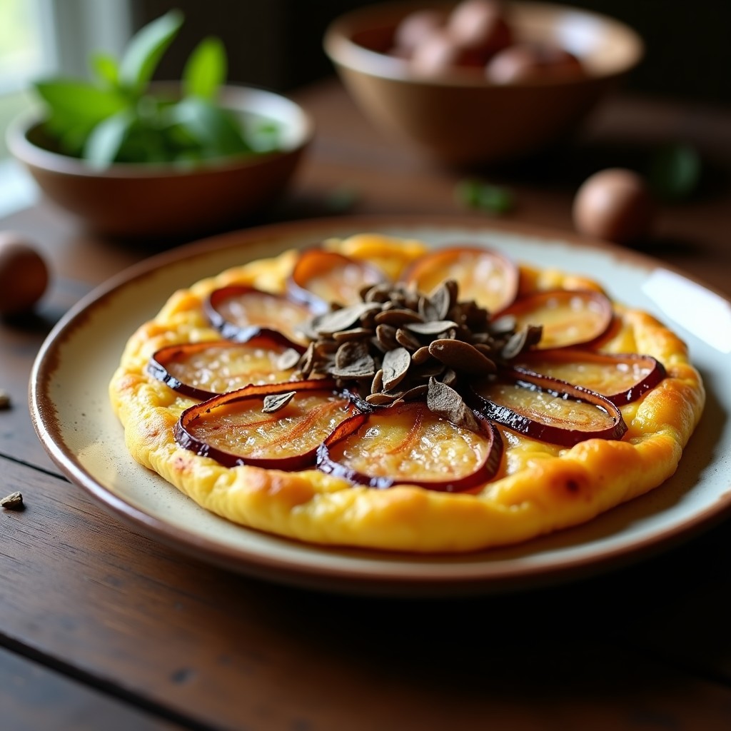 Tortilla española dorada y jugosa con rodajas de cebolla morada asomando, coronada con láminas de trufa negra fresca sobre un plato de cerámica rústica.