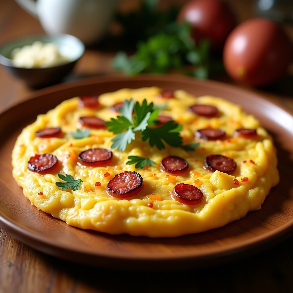 Tortilla española dorada y jugosa con trozos de patata y chorizo ahumado, servida en plato de madera rústico con hierbas frescas de decoración.
