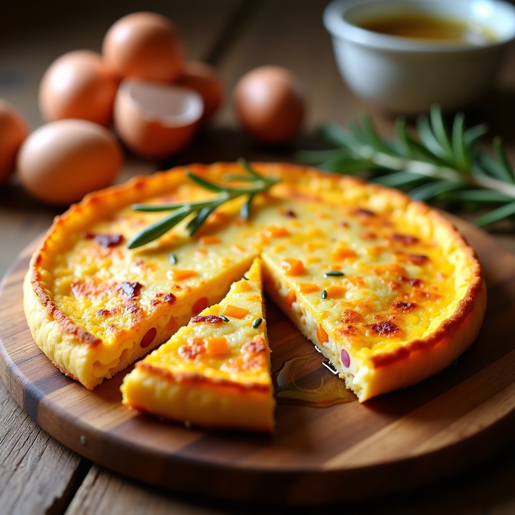 Tortilla española dorada con patata dulce en rodajas, cortada en porciones triangulares sobre tabla de madera rústica, receta alta en proteína.
