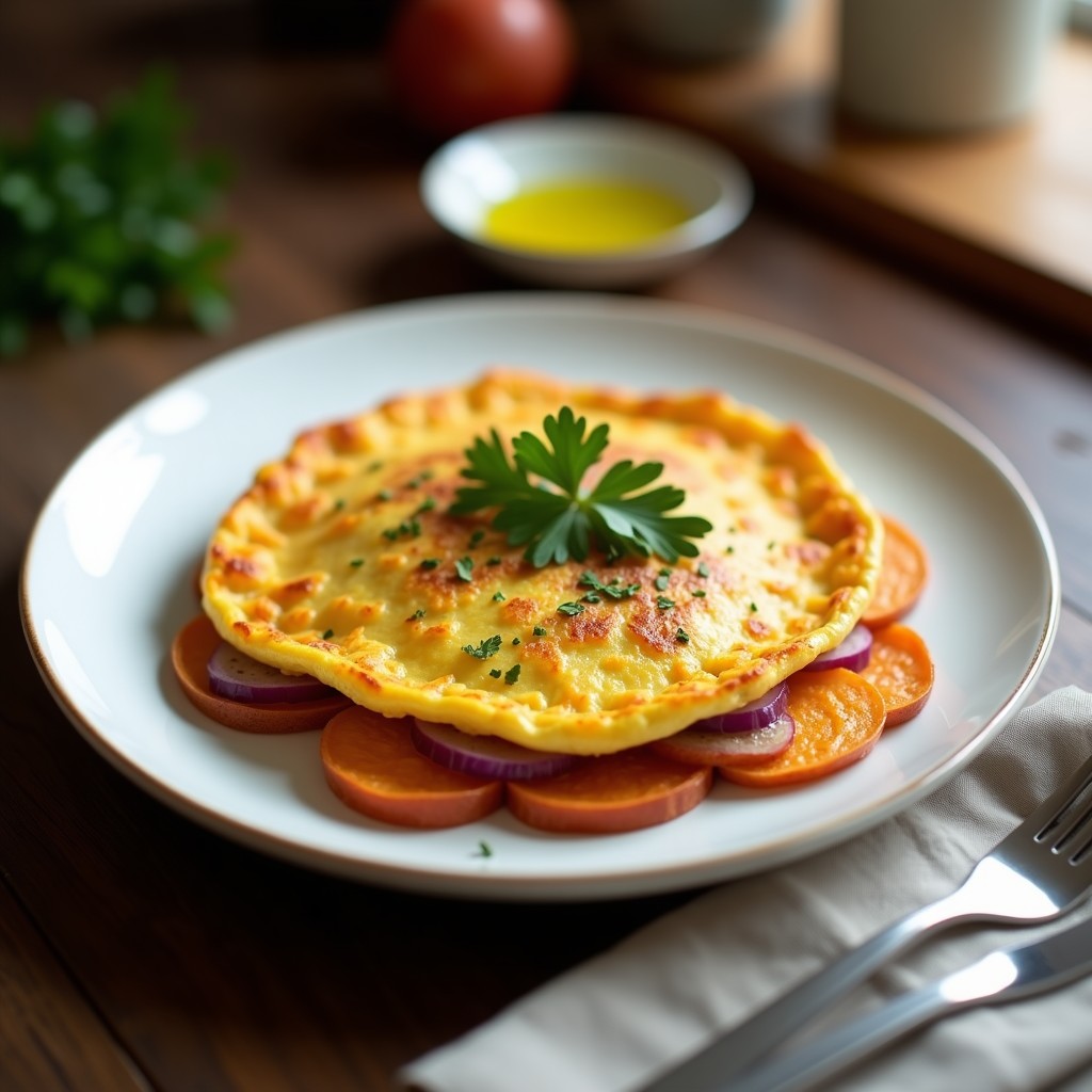 Tortilla española dorada con trozos de patata dulce y cebolla, servida en plato blanco con perejil fresco, receta sin gluten.
