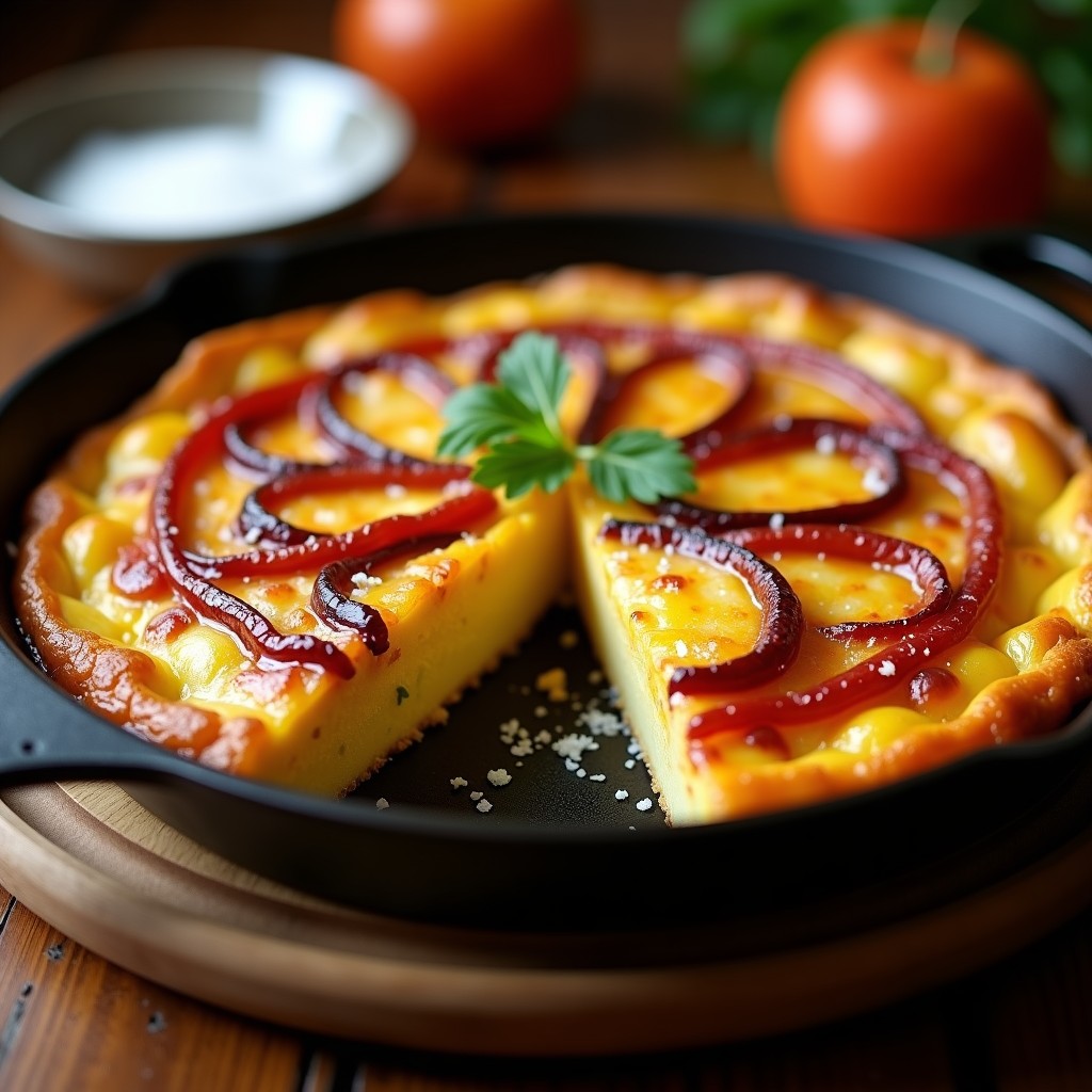 Tortilla española dorada y esponjosa en sartén de hierro, con trozos visibles de patata, cebolla y pimiento ahumado, receta tradicional mejorada.