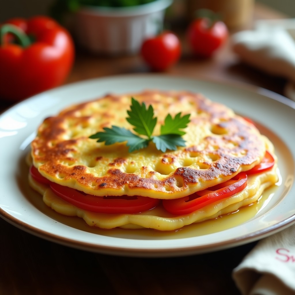 Tortilla española dorada y esponjosa con trozos de pimiento rojo y patata, servida en plato blanco rústico, receta olla lenta con toque crujiente.