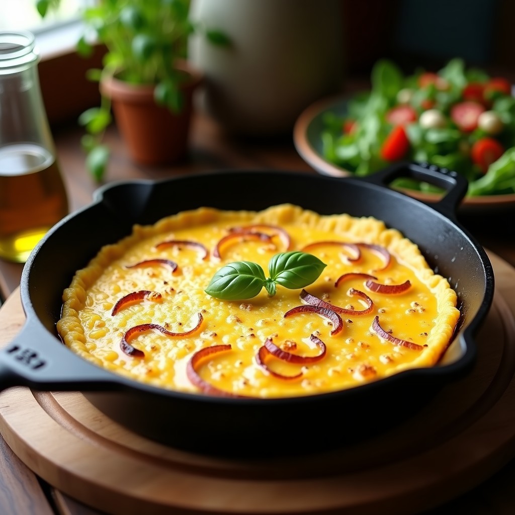 Tortilla de patata vegana dorada y esponjosa en sartén de hierro, con rodajas de patata visibles y borde crujiente, acompañada de una ensalada verde.