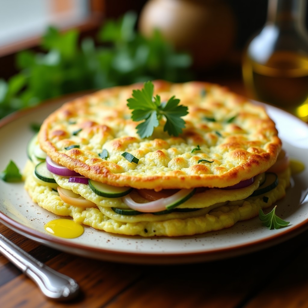 Tortilla de patata verde en airfryer, dorada y esponjosa, servida en plato de barro con rodajas de cebolla morada asomando. Receta express sin voltear.