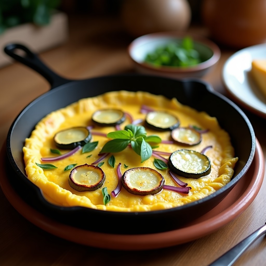Tortilla española dorada en sartén de hierro con trozos de patata, zucchini ahumado y cebolla morada, servida en plato rústico de barro con tenedor de madera.