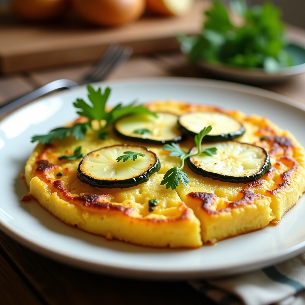 Tortilla española dorada y esponjosa con trozos de patata y zucchini, cocinada en airfryer, servida en plato blanco rústico.