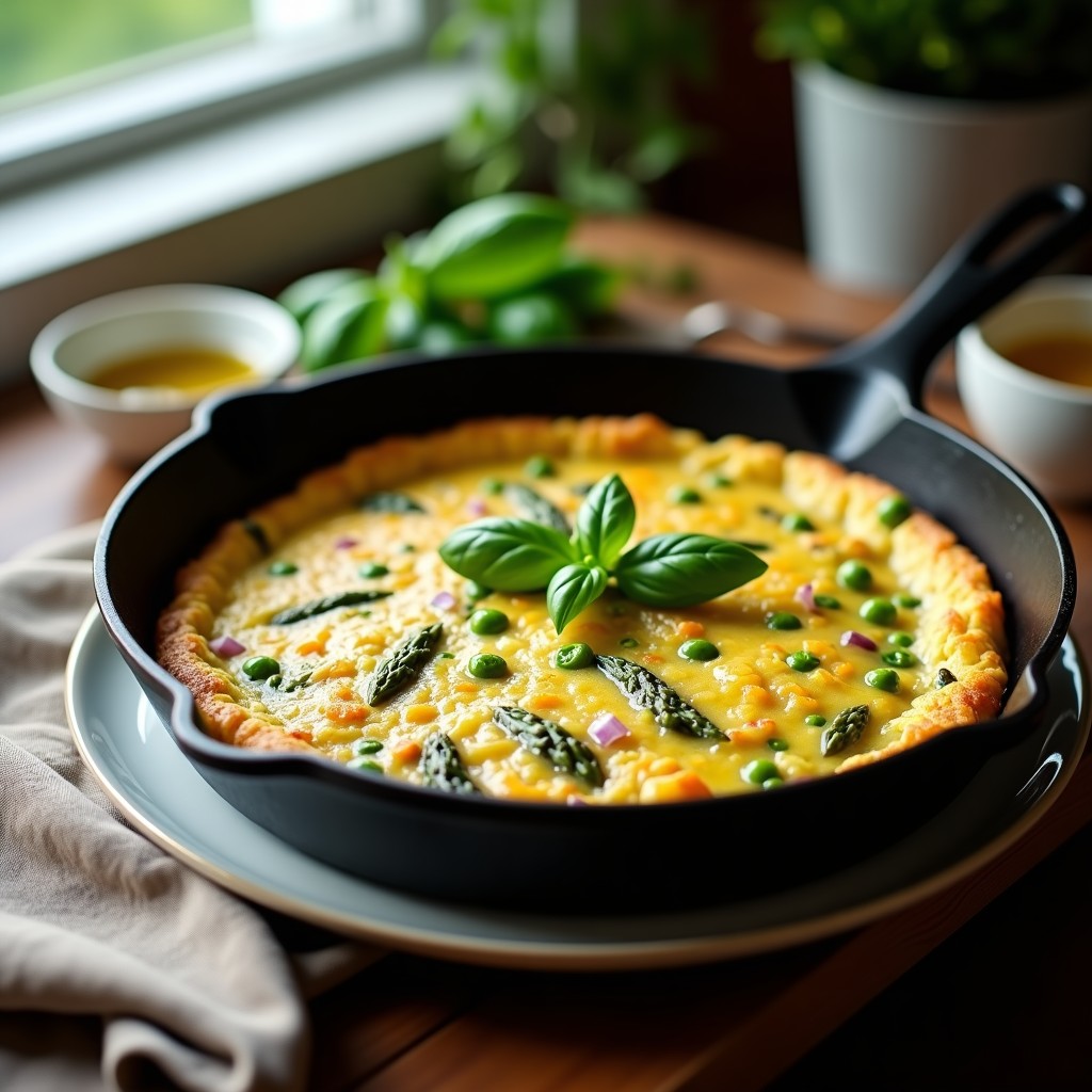 Tortilla española de primavera en sartén de hierro, dorada por fuera y jugosa por dentro, con trozos de patata, espárragos verdes, guisantes y pimiento, decorada con hojas de albahaca fresca.