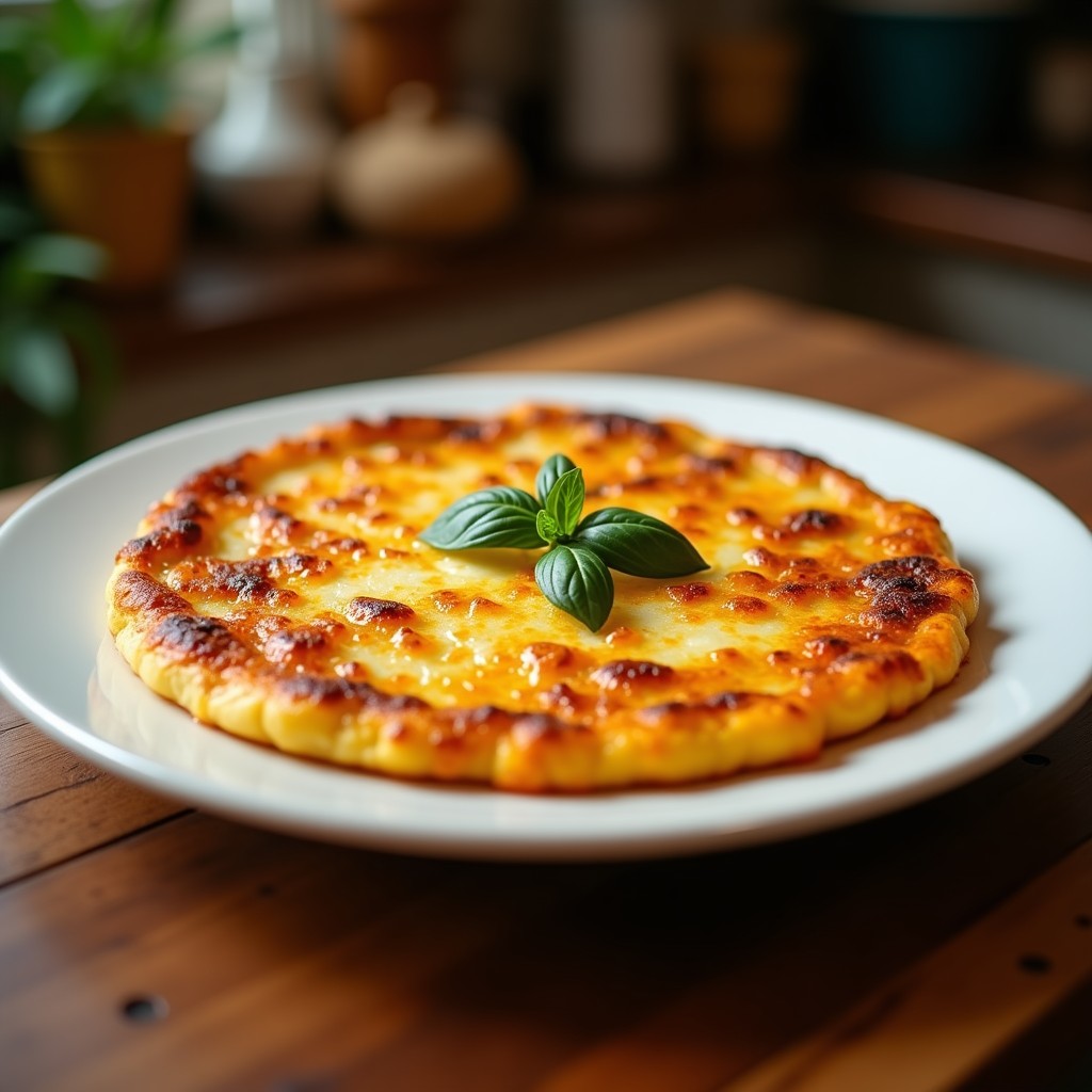 Tortilla española proteica en airfryer, dorada y esponjosa, cortada en porciones con espinacas visibles, acompañada de rodajas de cebolla morada cruda y un hilo de aceite de oliva virgen extra.